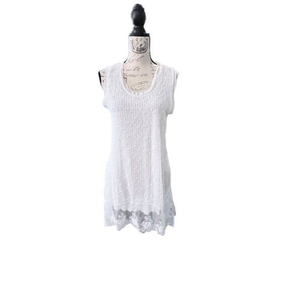 Le Moda White Sleeveless Tunic Sequined Lace Floral Hem Preppy Cottage Coastal L - Picture 6 of 14